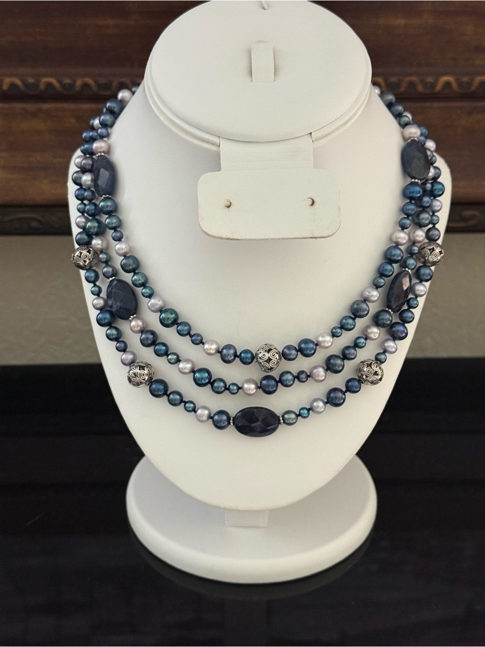 Lucas Lameth triple-Strand Pearl, Sodalite and Silver Accents necklace
